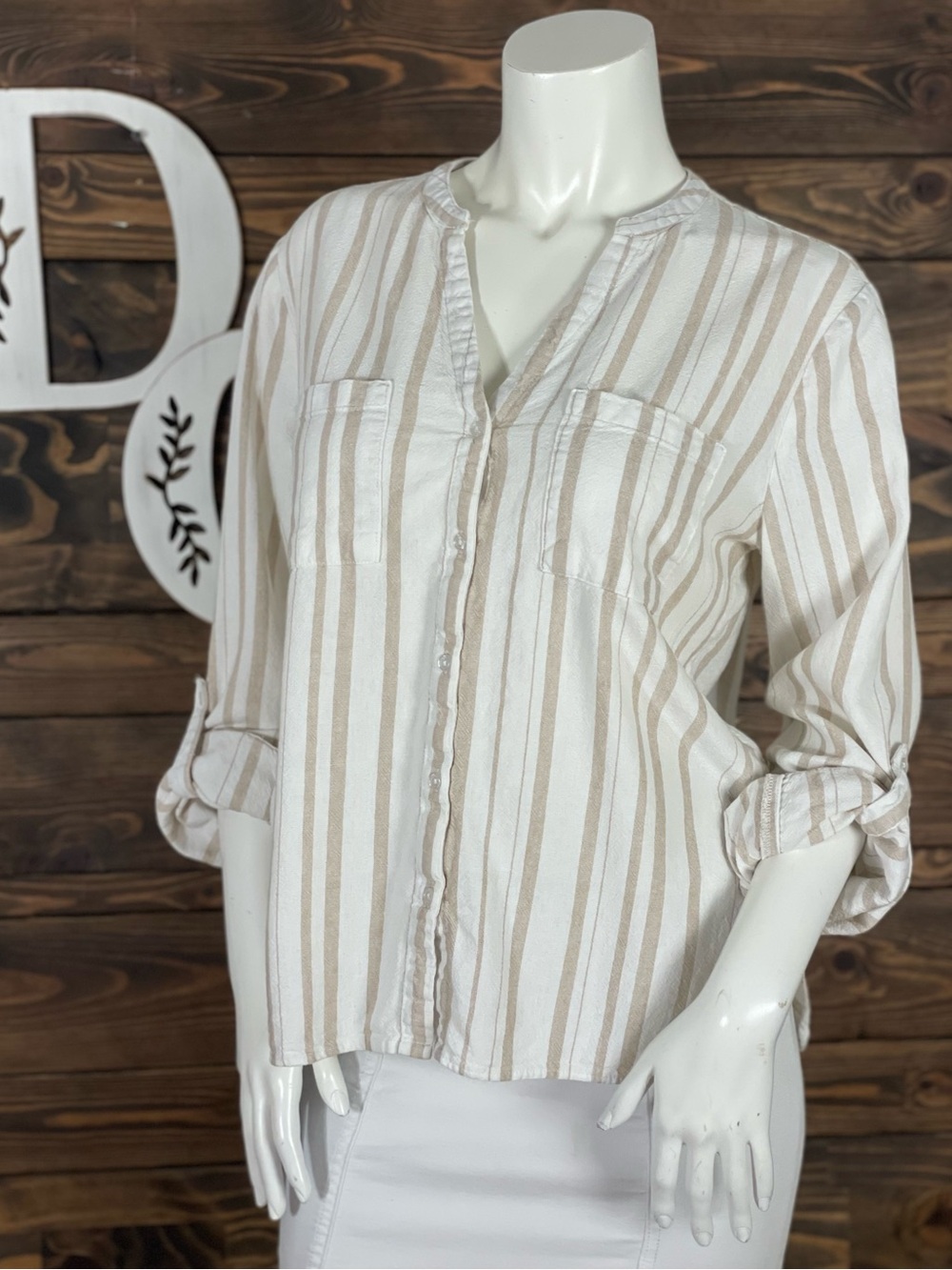 Nine West | Striped Linen Button-Front Blouse Beige Roll Tab Sleeves Split Neck
